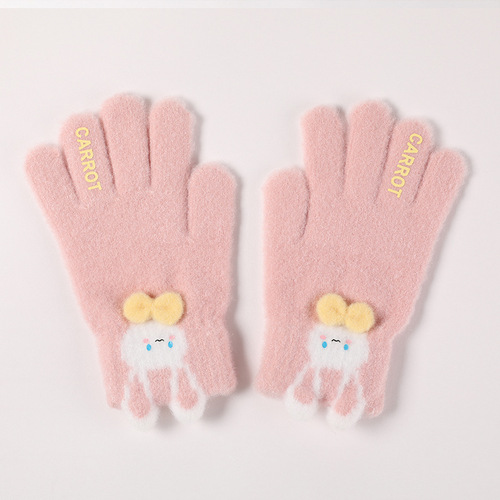 New knitted warm children's woolen gloves with flip-up half-finger full velvet and thickened elementary school students' cute cartoon gloves