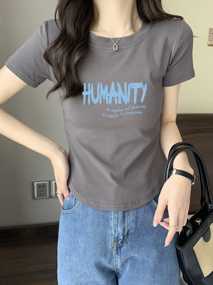 純綿のtシャツの女性の夏の新型の裾のアーチ形の不規則な修身はやせているギャルが腰を収めて肩の短い上着を収めます。
