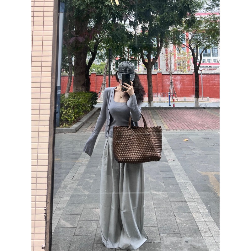 灰色针织吊带外搭开衫两件套女春秋季韩系别致穿搭小个子上衣|undefined
