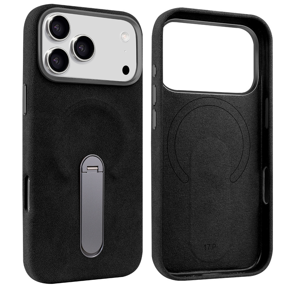 Ốp lưng iPhone 16/17 Pro da lộn từ tính có chân đứng ẩn — màu đen, nâu, màu xám, Kaki chi tiết 21