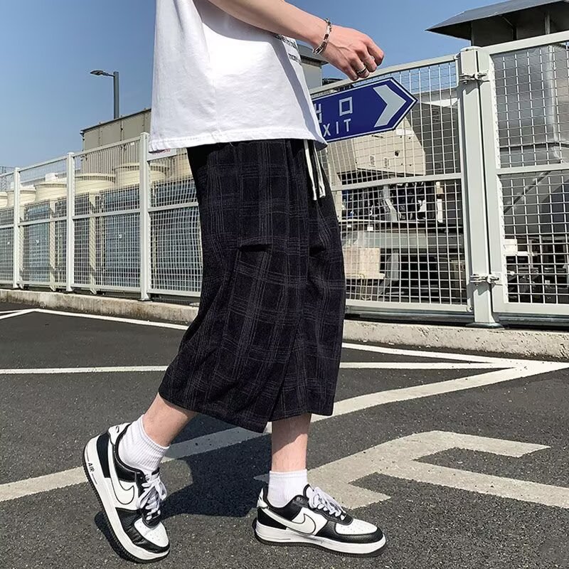 港风复古格子七分裤男夏季装加肥加大码潮胖人宽松休闲中裤沙滩裤