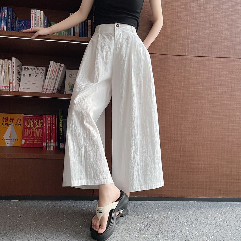 Linen Women's Summer Thin Cool-Feel Petite Versatile Fashion High-Waisted Drapey Cropped or Full-Length Wide-Leg Pants for Women