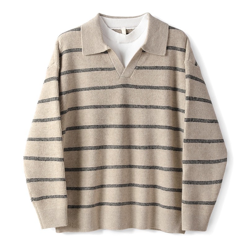Explosiones transfronterizas de tamaño grande falso de tamaño europeo dos piezas de polo a rayas suéter de punto hombre viejo viento de fábrica de cuello V al por mayor