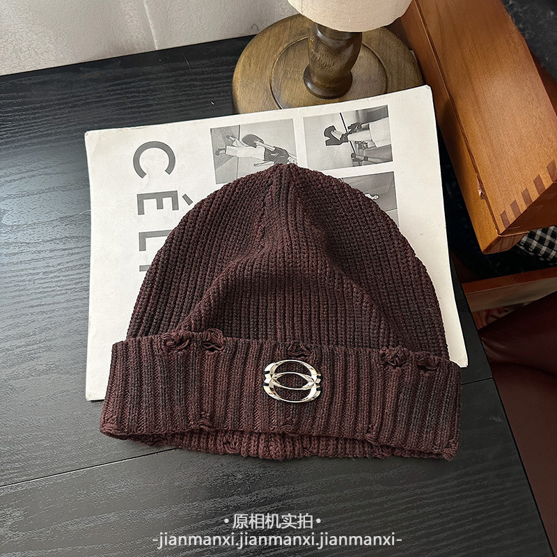 个性做旧脏脏破洞针织帽秋冬翻边套头帽保暖洋气字母标百搭毛线帽|undefined