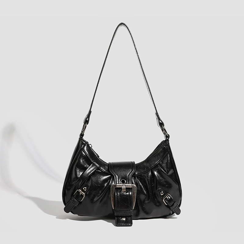 Demi-season Shoulder Bag, Small Underarm One-Shoulder Bag, Punk Style, PU Leather, 17×6.3×10.1 cm