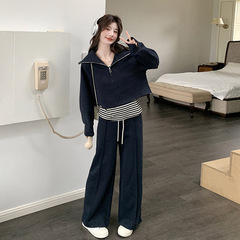 藏蓝色韩系减龄卫衣套装女秋季2025新款条纹背心休闲阔腿裤三件套