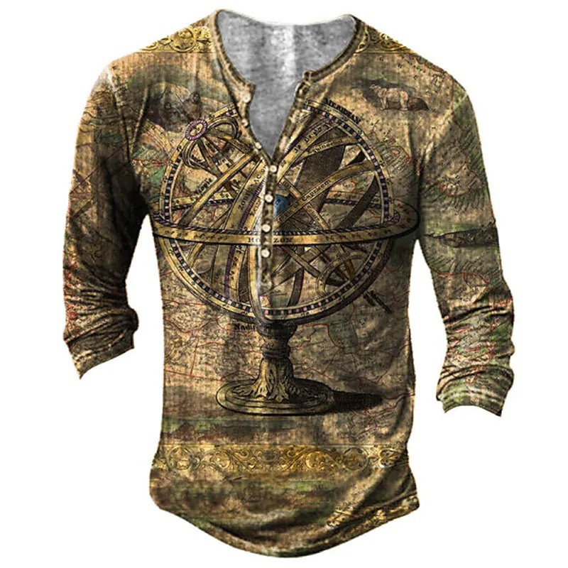 2022 retro hombres 3D digital placket abierto de siete botones Camiseta de manga larga de los hombres de guitarra patrón transfronterizo estación independiente