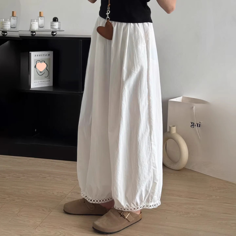 日系灯笼阔腿裤女夏薄款藏青色裤子大码胖显瘦小个子花苞九分裤|undefined