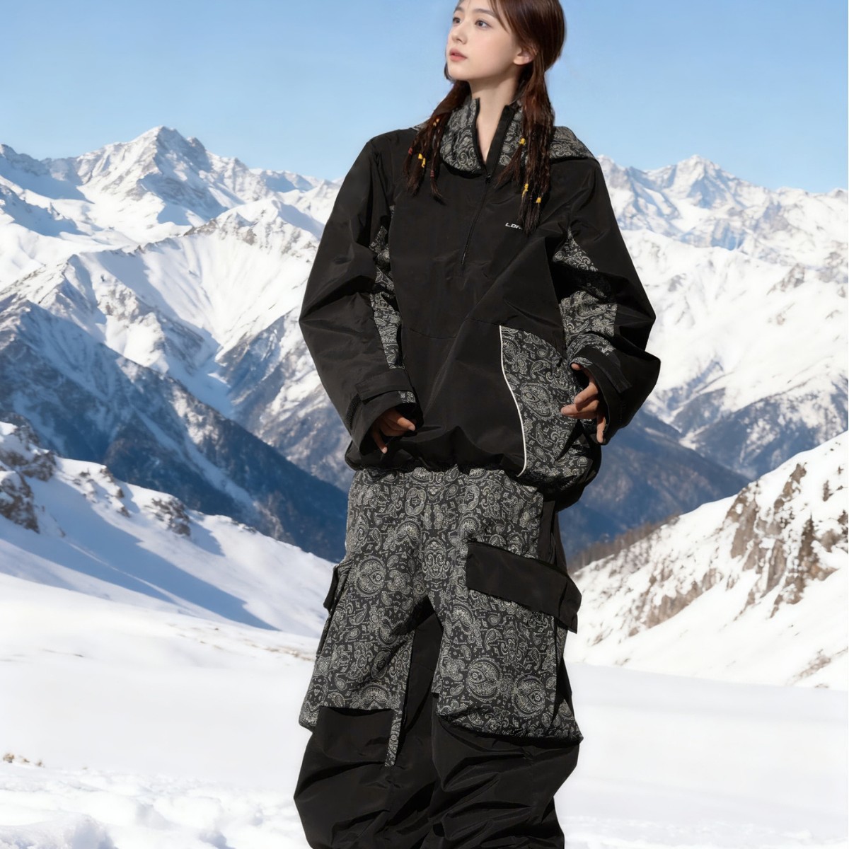 LDAB Black Paisley Ski Suit Set for Women, 2026 New Style, Windproof and Cold-proof, Couple Ski Suit and Pants for Single and Double Skis