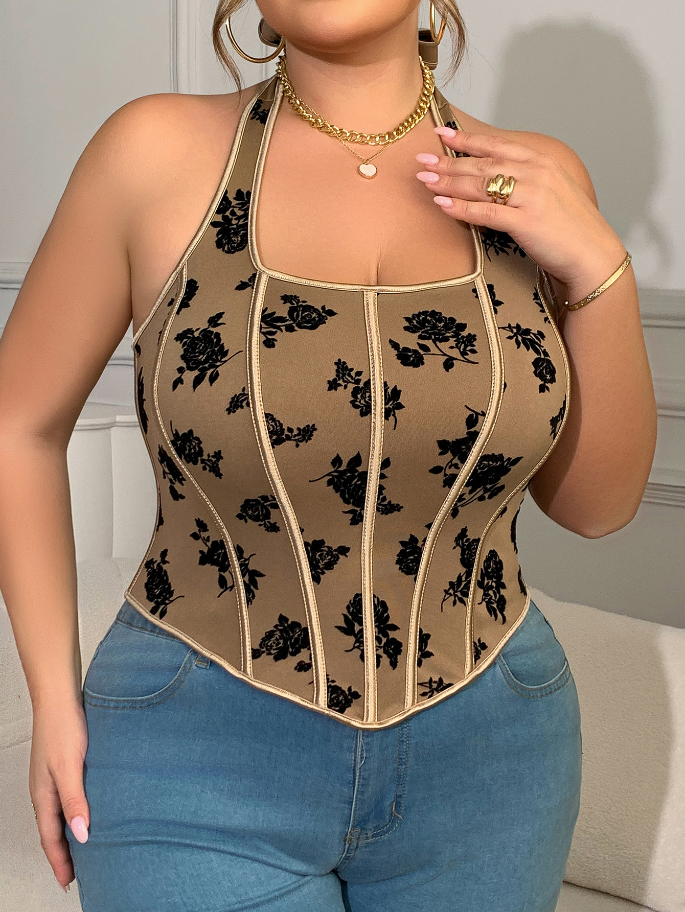 Tops top de tirantes con cuello halter estampado retro marrón sexy de talla grande MM para mujer, nuevo chaleco europeo y americano transfronterizo