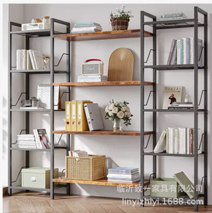 Foreign Trade Factory Customized Cross-Border Steel-Wood Furniture Multi-Column Bookshelf Storage Rack