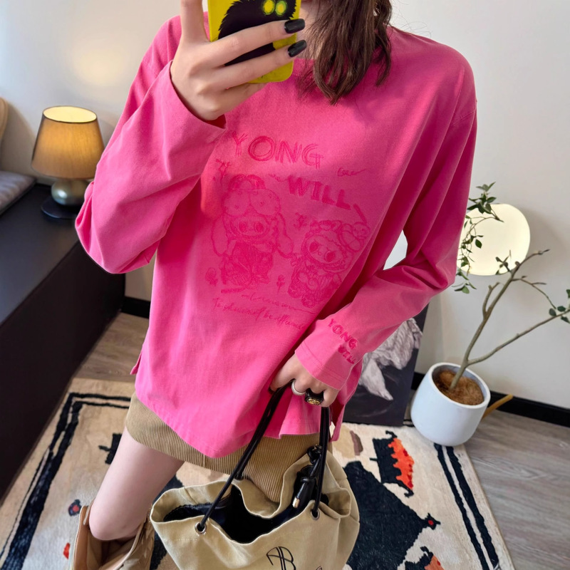 Autumn and Winter Yongwill Lamb 250g Sketch Embroider Sand Washed Long-Sleeved T-Shirt Women's Side Slit Bottoming Shirt 1188