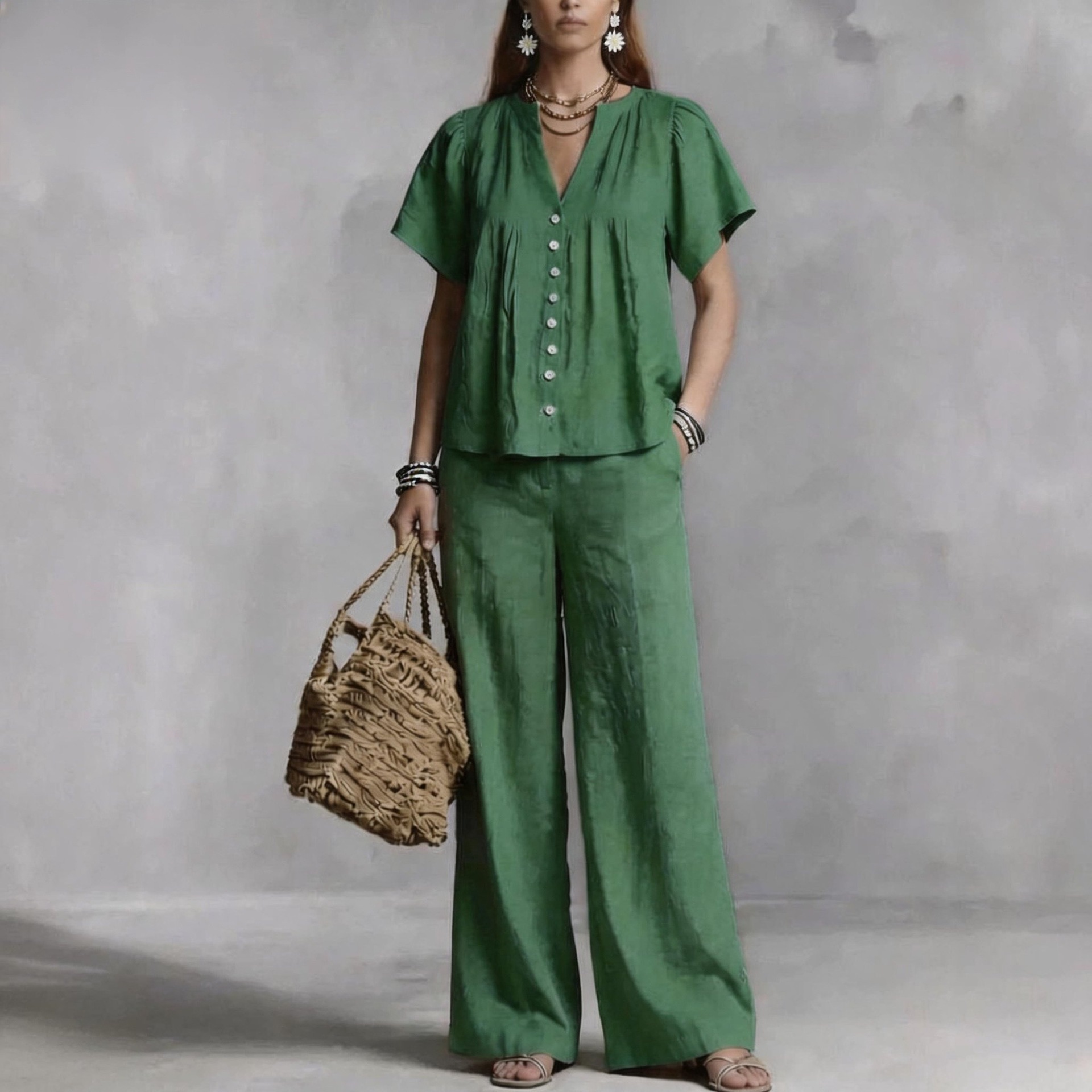Women's Clothing Women's Imitation Cotton Linen V Neck Casual Suit Beach Vacation Style For Formal & Casual For Women_ecoleips.com