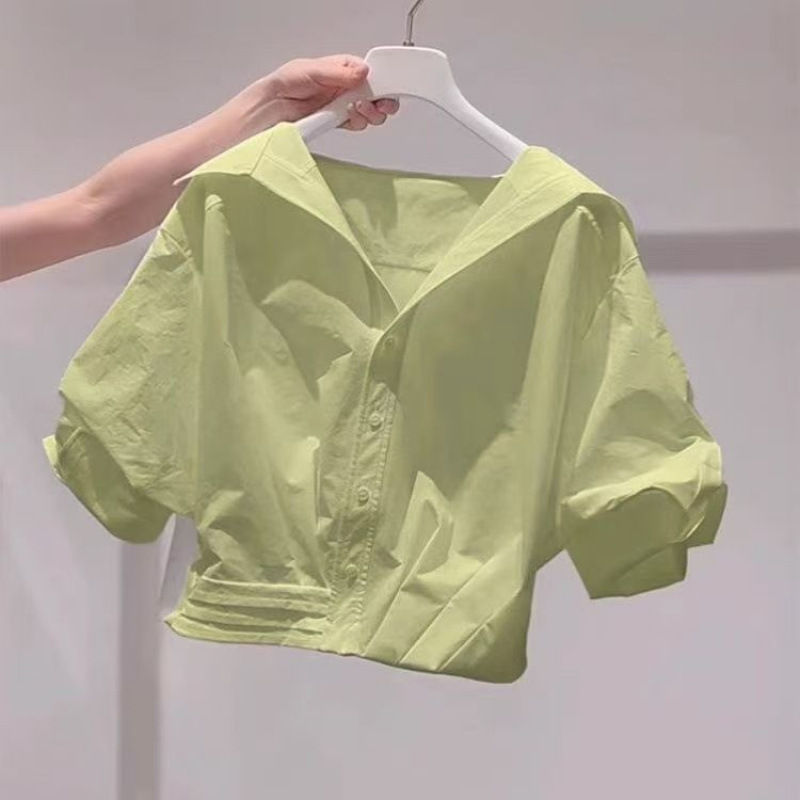 短款上衣女泡泡袖衬衫夏季新款慵懒宽松显瘦百搭休闲小个子衬衫|undefined