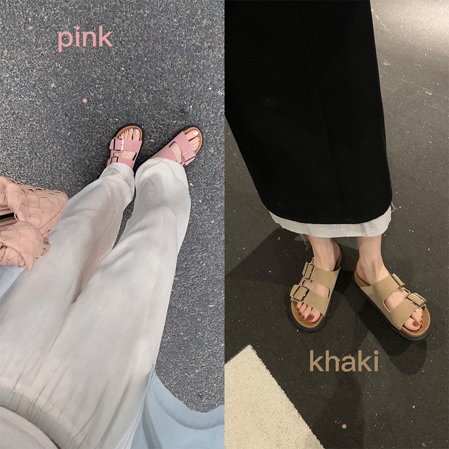 Dép sandal nữ quai ngang một dây khóa vuông đế bằng đi biển — Màu Kaki, Màu trắng sữa, Màu đen