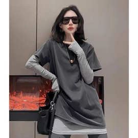 春秋真两件叠穿长袖中长款T恤女撞色显瘦韩版洋气中长款圆领上衣