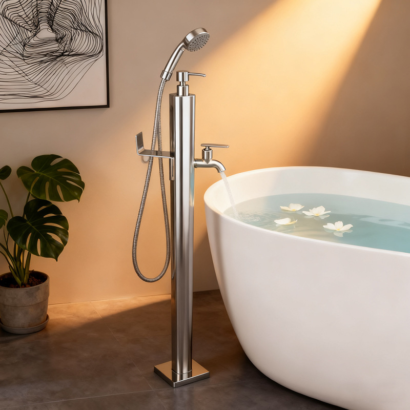 Floor-Standing Bathtub Faucet Simple Stainless Steel Bathroom Shower Set Hot and Cold Hotel Vertical Bathtub Faucet