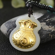 玉石金镶玉吊坠和田玉金镶金钱袋福袋 足金镶和田玉玉坠礼品批发