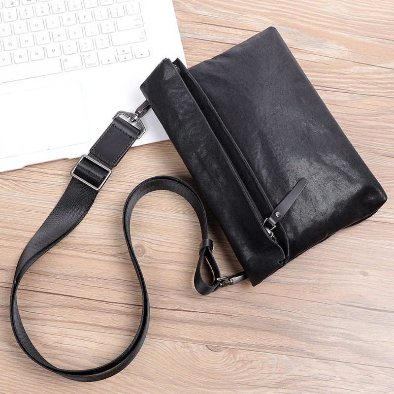 Túi đeo chéo nam da bò thuộc da thật kiểu thể thao, túi cầm tay nhỏ gọn 29×11×17 cm — Màu đen