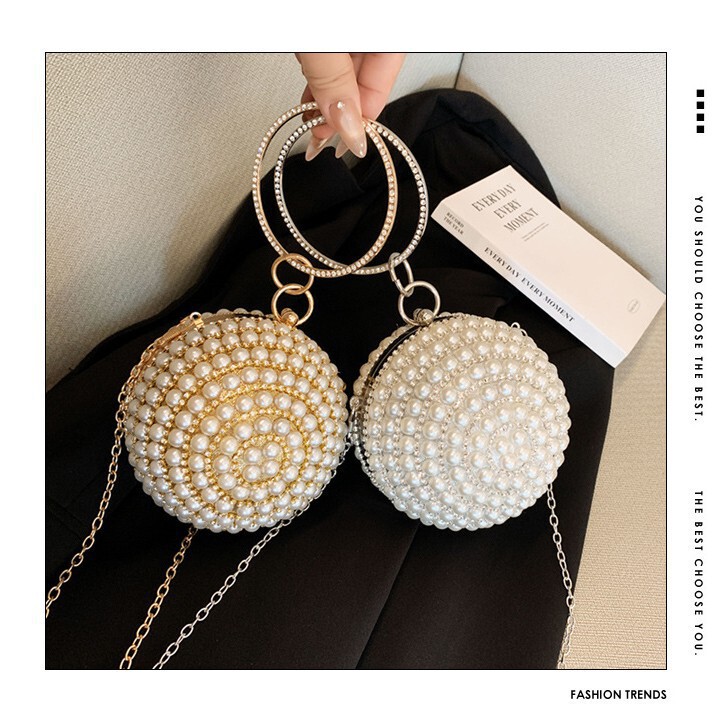 European and American Ladies Evening Bag, Bright Diamond-Encrusted Pearl Rhinestone Clutch Bag, Ball Hand Bag, Party Banquet Evening Bag