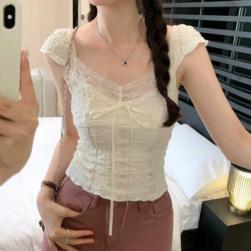 フランスのレースのギャルのキャミソールの女性の夏の新型vネックの鎖骨の小さい大衆の短いタイプは上着を着ます。|undefined