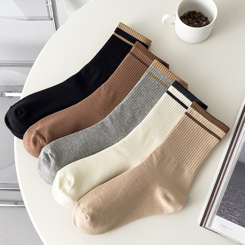 One-piece mechanism spring and autumn solid color simple two-bar striped mid-calf socks college style ins trend versatile sports trend socks