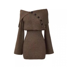 跨境爆款一字肩毛衣针织连衣裙女装秋冬新款露肩灰色包臀收腰短裙