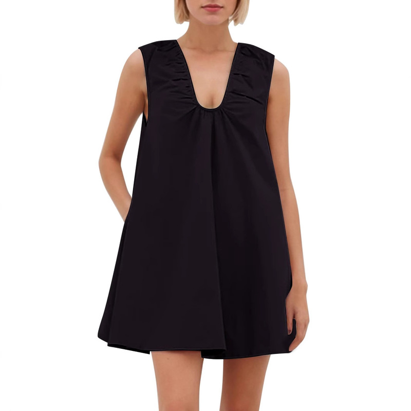 2025 Cross-Border Women's Amazon Summer New Sleeveless U-Neck Ruched Solid Color Mini Pocket Dress