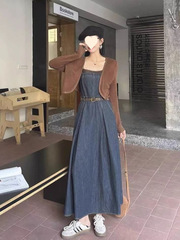 复古港风牛仔吊带裙针织披肩两件套装女早秋高腰中长款连衣裙