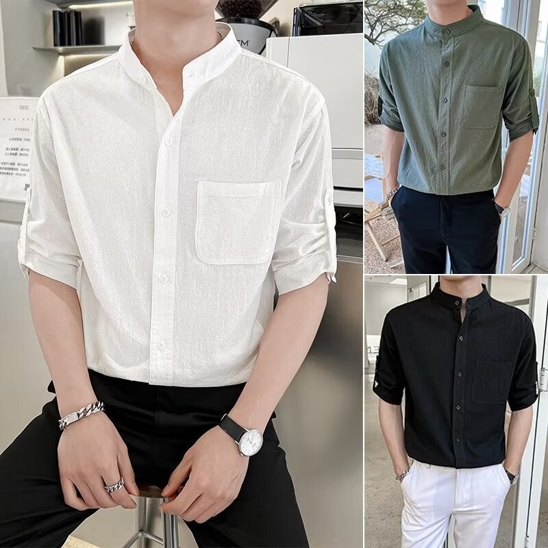 Large Size Linen Short-Sleeve Shirt for Men, Loose Fit, Trendy, Plus-Size, Summer Cotton-Linen Half-Sleeve Thin Style