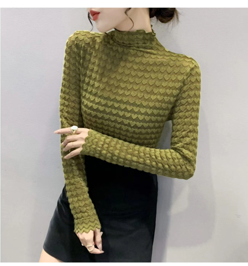 Maglia termica da donna a maniche lunghe con scollo a lupetto e pizzo floccato - Elegante capo da indossare a strati per l'autunno e l'inverno_voghion.com