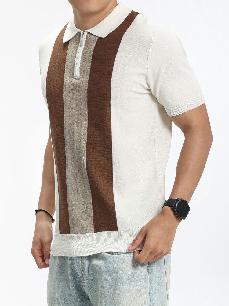 Europa y Estados Unidos transfronterizos hombre medio cremallera rayas polo camiseta de punto de verano con solapa de mangas cortas ropa de hombre de alta calidad casual hombre