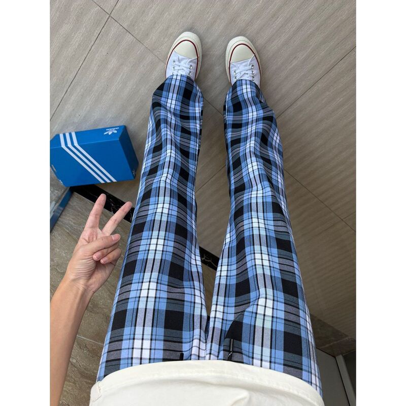 American-style summer thin blue plaid pants, unisex, versatile, high-street, slightly flared, straight-leg, casual, and sporty American-style summer thin blue plaid pants, unisex, versatile, high-street, slightly flared, straight-leg, casual, and sporty