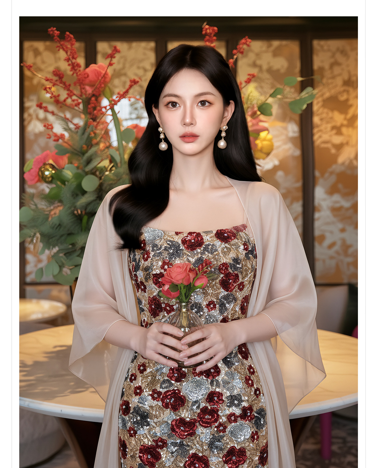 Bộ đầm dây maxi thêu ren kết hợp kim sa phong cách Tân Trung Hoa + áo khoác choàng vai — Trang chủ, bộ đồ, đầm dây chi tiết 9