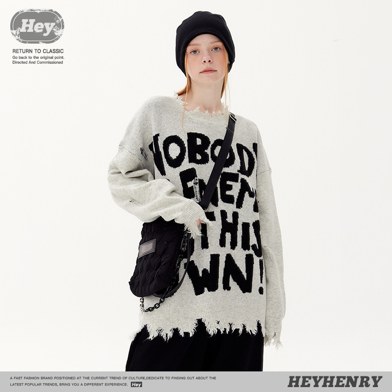 HeyHenry ストリートファッション ダメージ加工 リップドレタージャカード ローエッジニット プルオーバー セーター カップルセーター 男の子と女の子用|undefined