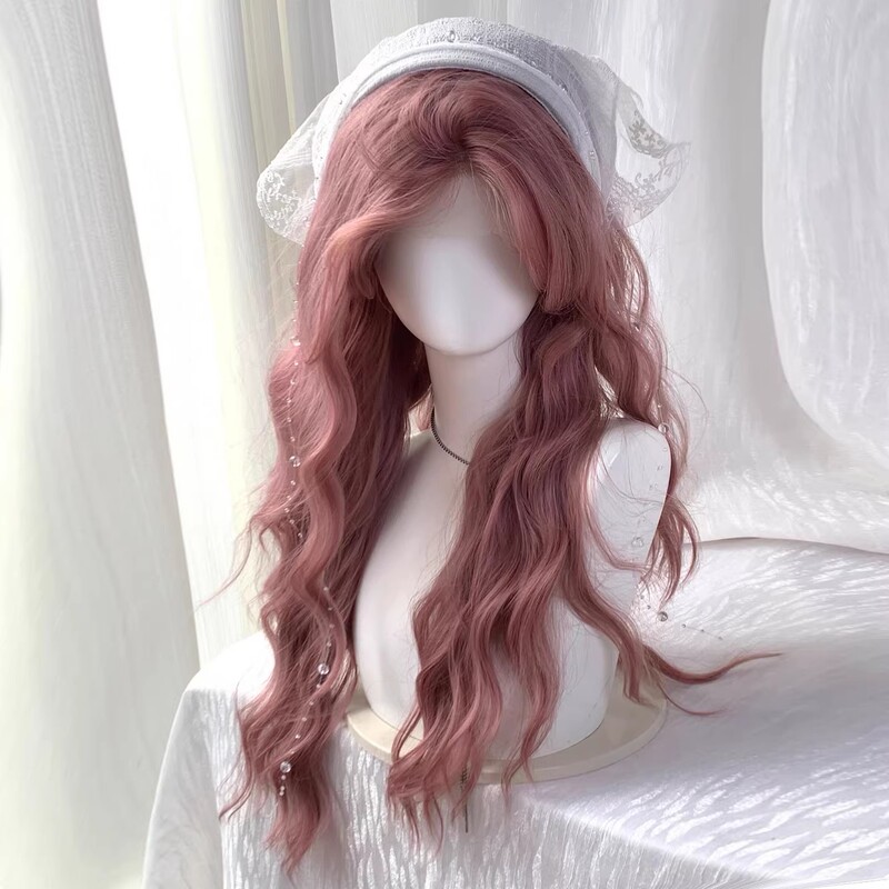 【Manta Rose】Women's Wig, Mist Pink Long Curly Hair, Middle Parting, Water Wave Style, Full Head Wig 【Manta Rose】Women's Wig, Mist Pink Long Curly Hair, Middle Parting, Water Wave Style, Full Head Wig