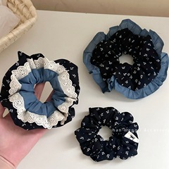 蓝色碎花褶皱花边大肠发圈女复古法式通勤百搭低马尾扎发发圈发饰