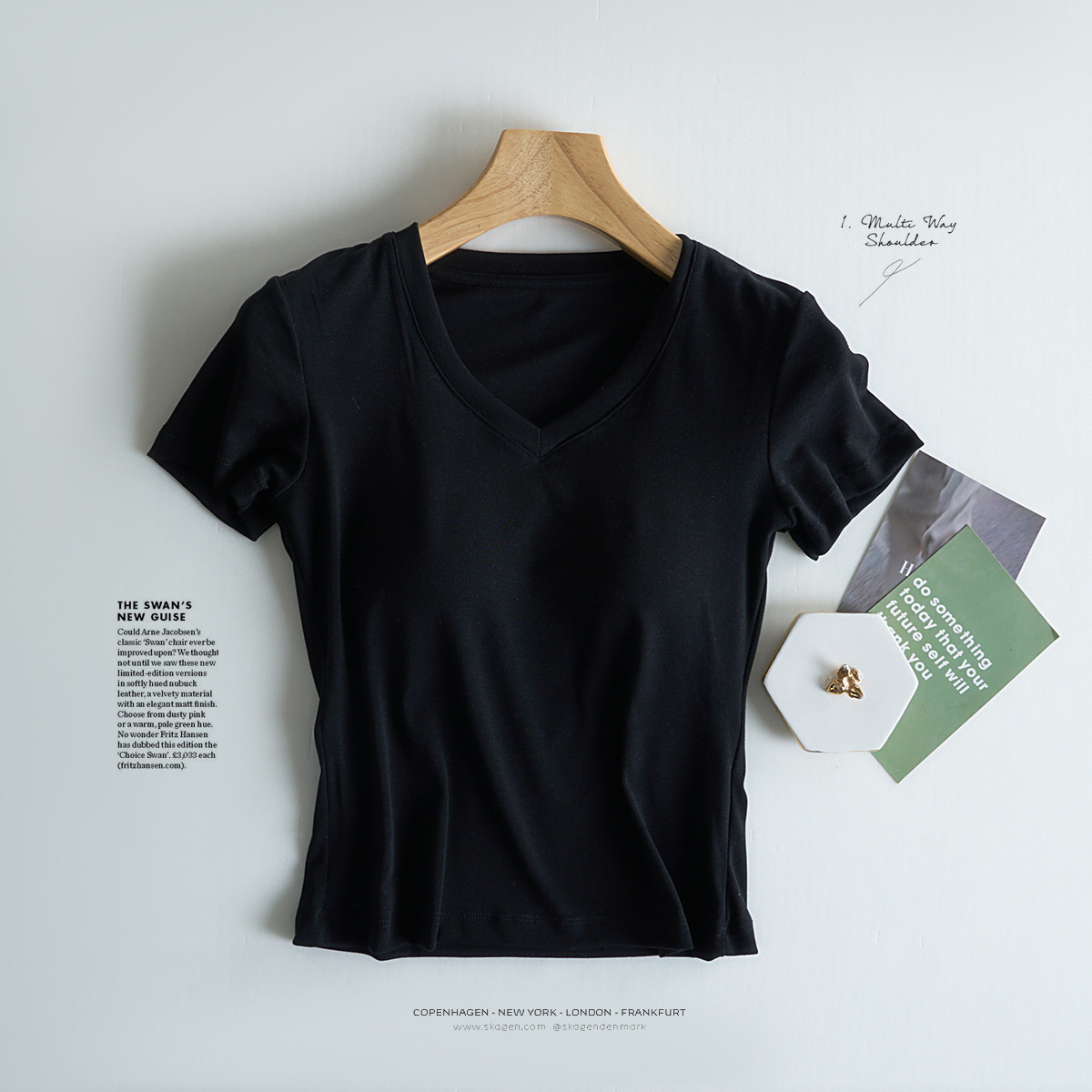 Tensei Lesser Almohadilla para el pecho con cinturón de algodón para mujer Camiseta blanca de manga corta con cuello en V para mujer Verano nuevo top casual de nicho de hombro