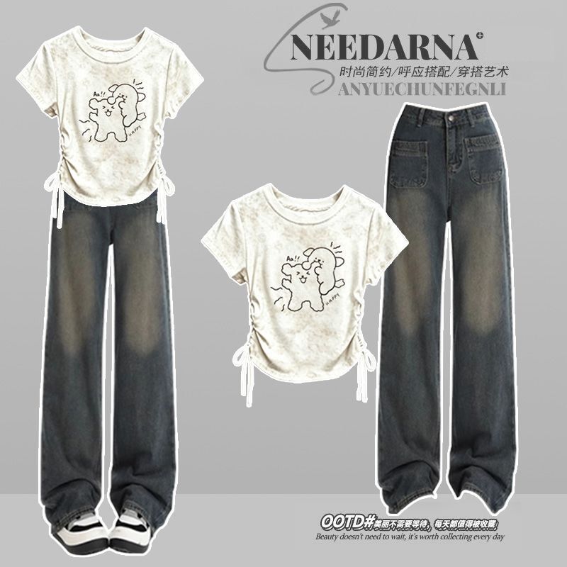Fashionable Outfit # New Printed Cartoon Drawstring Top Paired with Versatile Loose Straight High-Waisted Vintage Jeans.