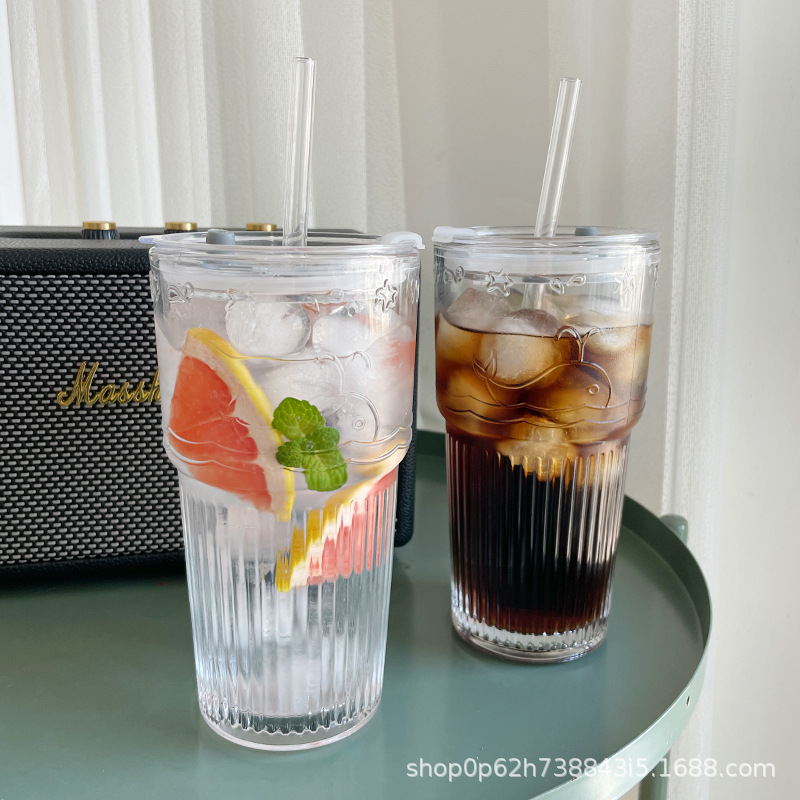 Glass large capacity fruit tea straw cup ins household summer female drinking water thickened cup beverage juice cup