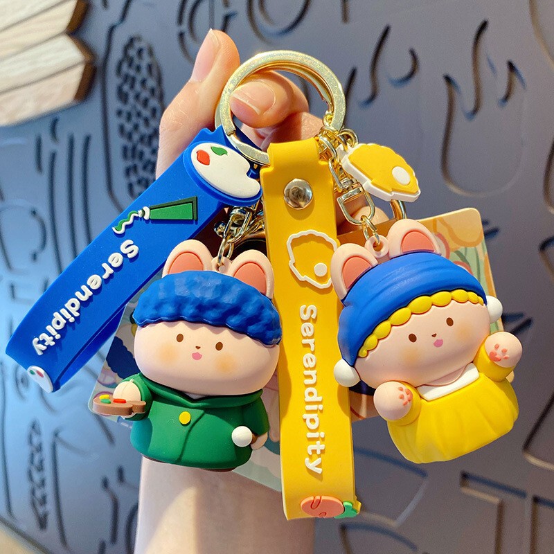 Creative Cartoon Keychain Pendant Small Doll Sprouting Rabbit Famous Painting Exquisite Doll Bag Car Key Chain Wholesale