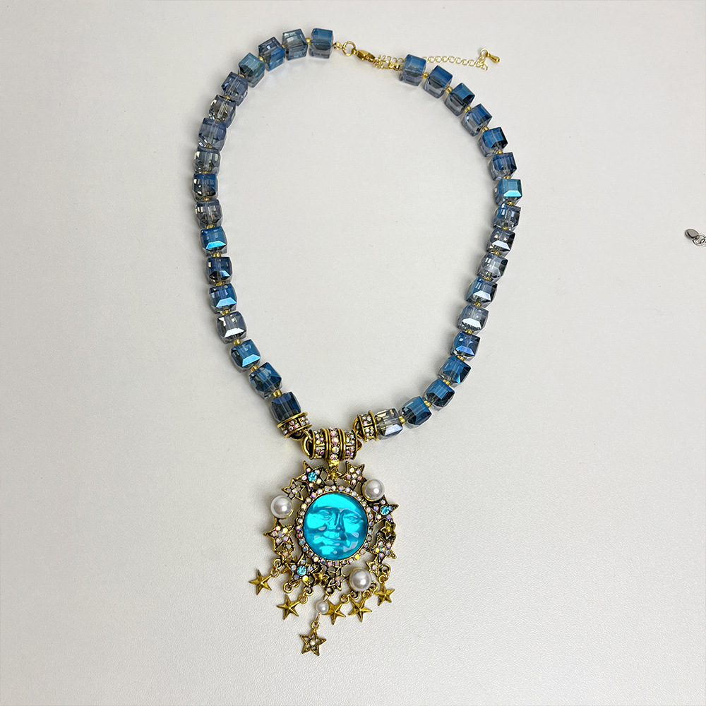 Plating Design Exaggerated Streetwear Sun Moon Artificial Crystal Alloy Beaded Chain Pendant Necklaces Wholesale