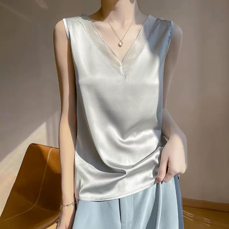 真丝吊带背心女外穿v领黑色小西装内搭打底高端醋酸无袖上衣夏