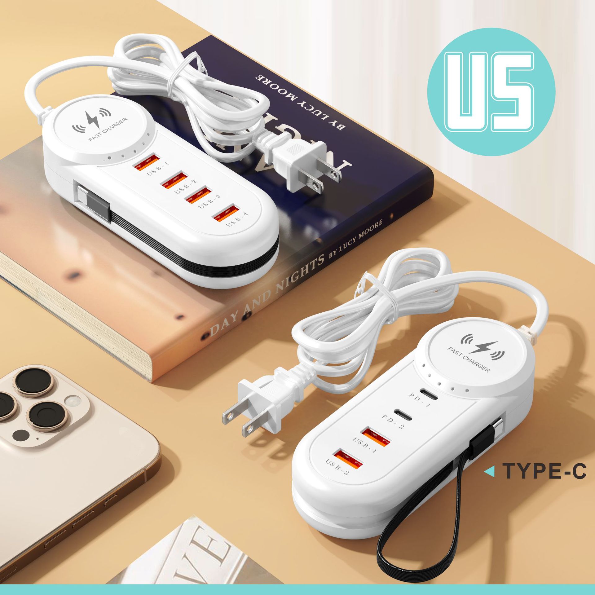 New Mobile Phone Charger Extension Cord Android Dual USB Dual Pd Multi-Port Charging Head Type-C Line Strip Socket