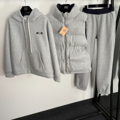 三件套装logo刺绣双面穿棉服马甲外套+连帽加绒卫衣+高腰阔腿长裤