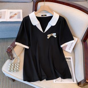 60-175kg Plus Size Women's Fat Sister College Lapel Polo Shirt Pure Cotton Short Sleeve T-Shirt 2024 Summer New Style