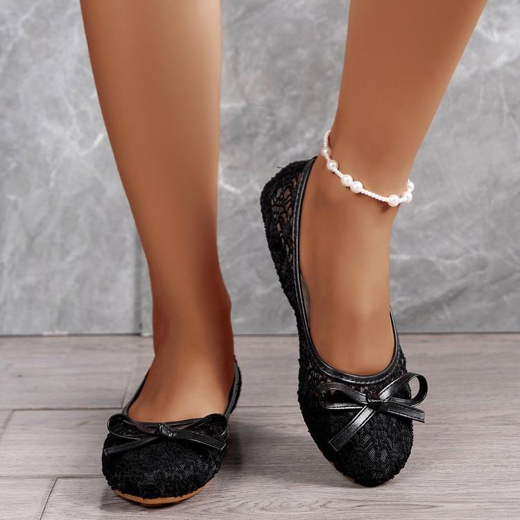 春季镂空透气蕾丝网布鞋女士平跟蝴蝶结平底单鞋浅口大码女鞋