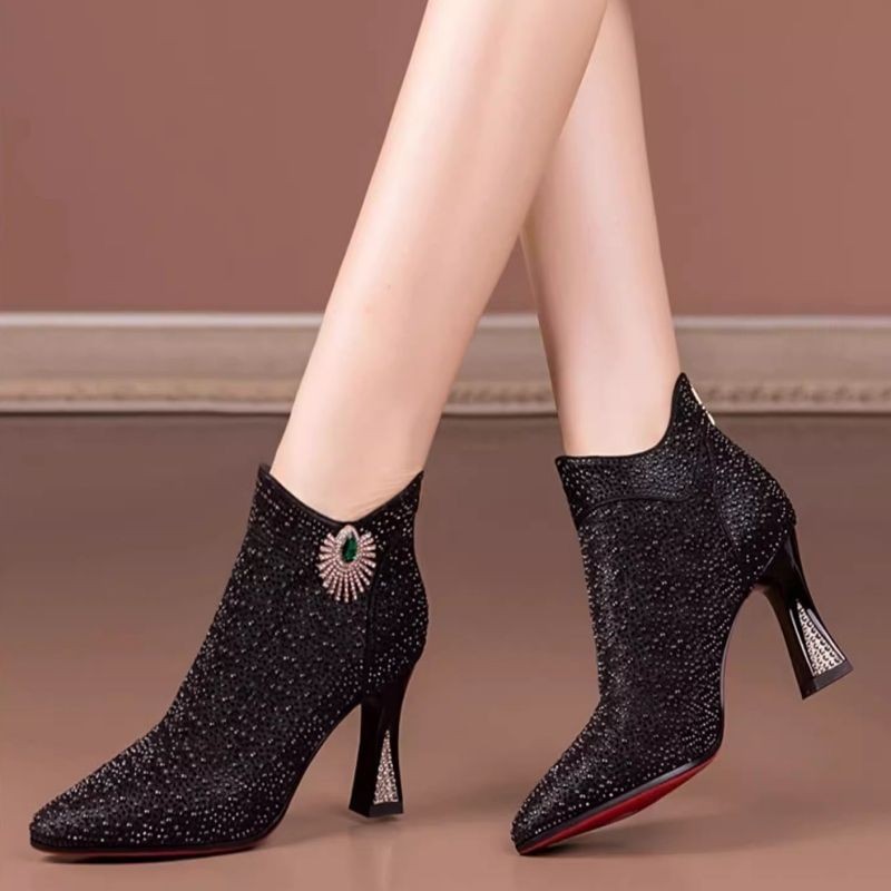 Sequin Short Boots for Women Thick Heel Fashion Black Korean Style Single Boots 2025 Fashion Autumn and Winter New Pointed Toe Boots for Women