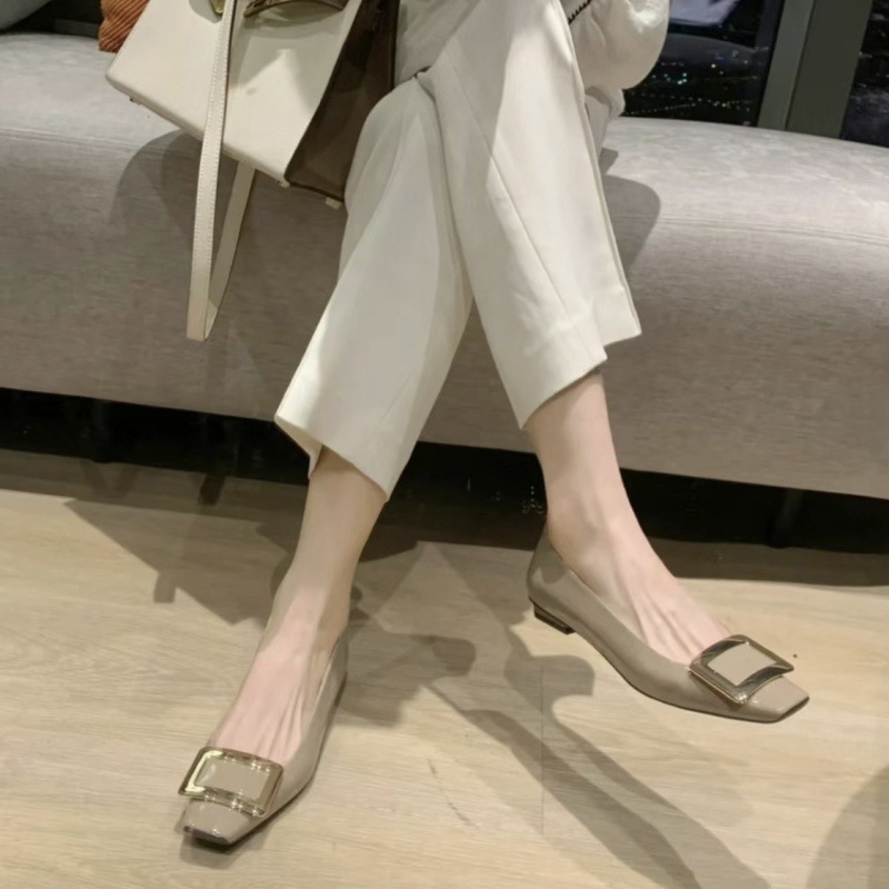 羊皮版法式方扣浅口真皮平底鞋方头低跟通勤单鞋温柔晚晚鞋法式风