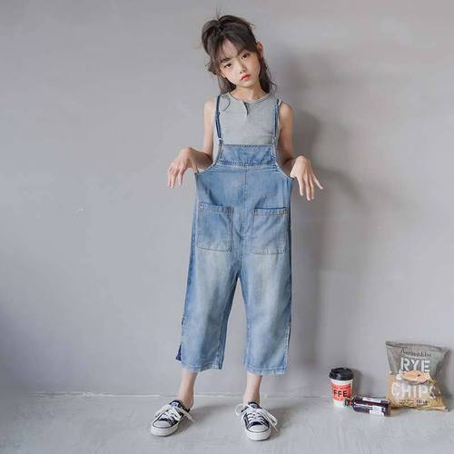 Girls overalls new summer style Korean style children's clothing girls Tencel casual children's overalls straight-leg distressed